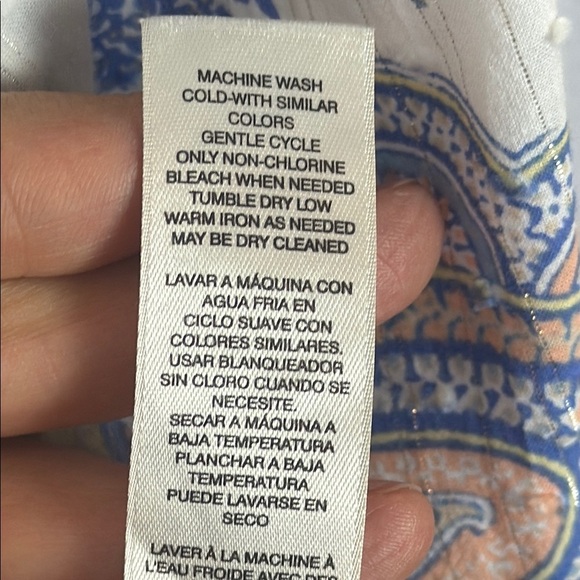 Chico's Dotted Swiss Semi-Sheer Blue, Coral & White Paisley 3/4 Sleeve Blouse 3 - Picture 10 of 12